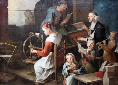 Häusliche Szene mit Musikanten und Spinnerin von Giacomo Francesco Cipper